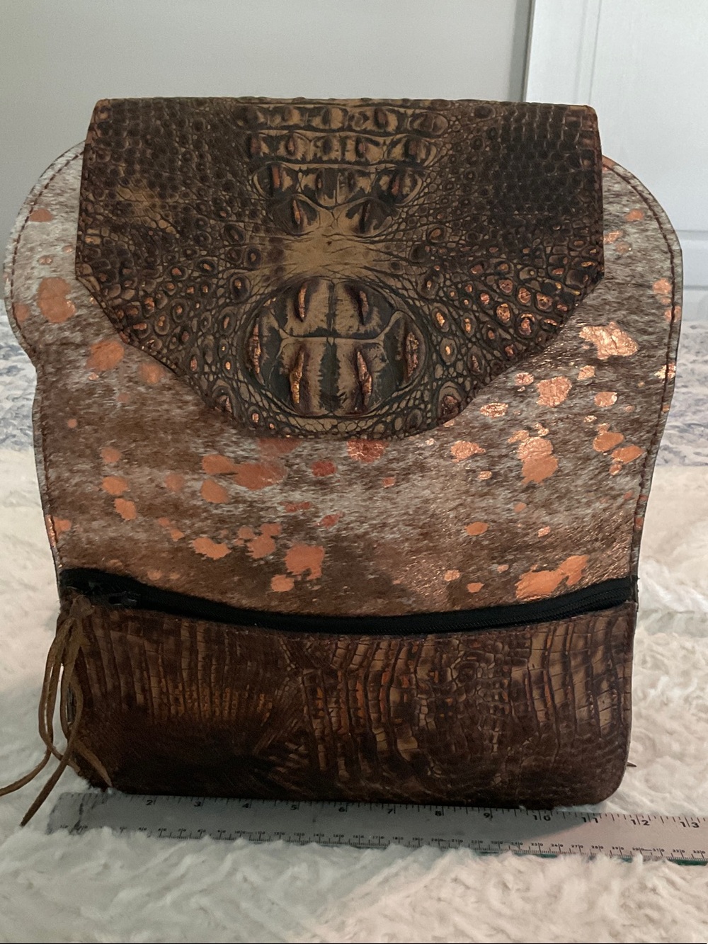 Brown Leather & Hair-calf, Alligator Backpack with Copper Accents